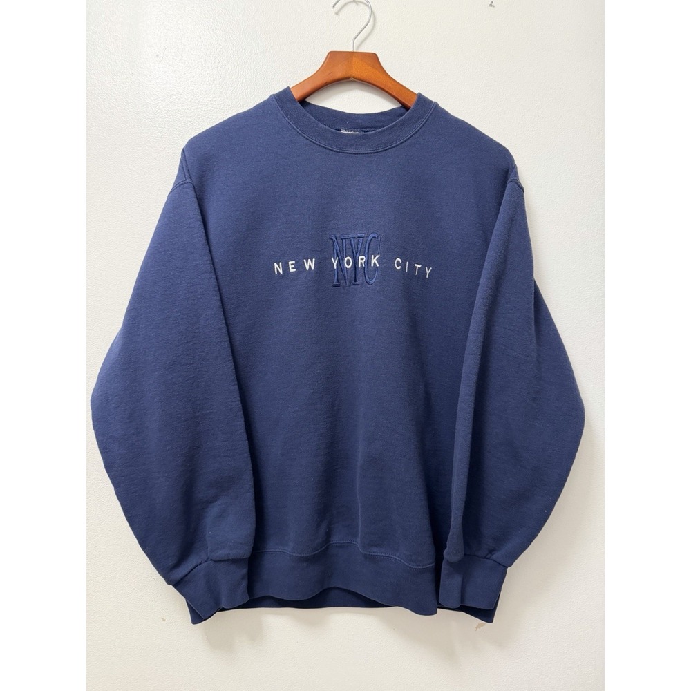 Vintage NEW YORK CITY Sweatshirt Men's Large Blue Embroidered Pullover NYC FOL